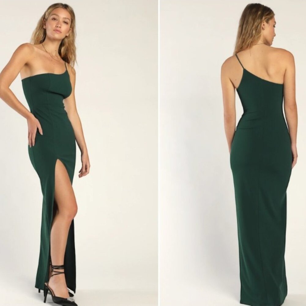NWOT Lulus Keeper of My Heart Hunter Green One-Shoulder Maxi Dress